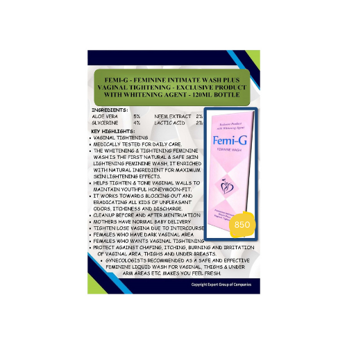 FEMI-G-FEMININE INTIMATE WASH PLUS VAGINAL TIGHTENING - EXCLUSIVE PRODUCT WITH WHITENING AGENT - 120ML BOTTLE